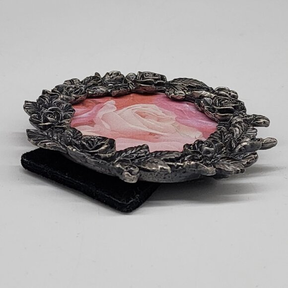 Vintage Pewter Picture Frame Round Rose Design Decorative Tabletop Display - Picture 8 of 11